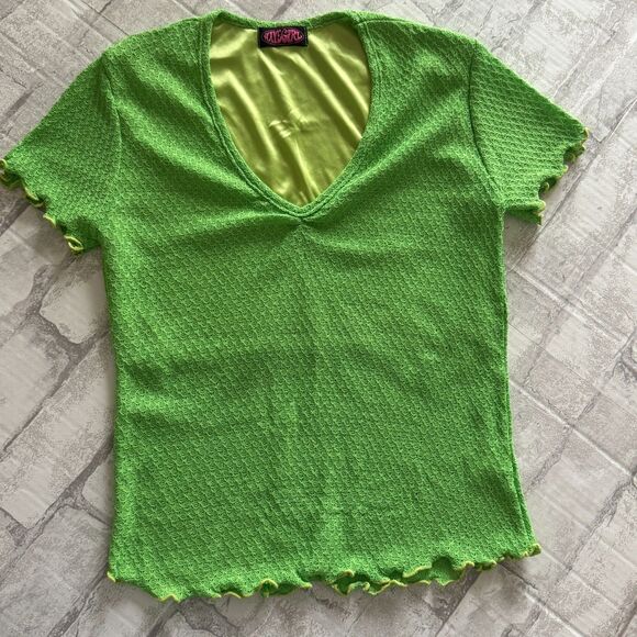 Have Girl Y2K Green V Neck Short Sleeve Ruffled Hem Knit Crop Top No Sz - Picture 1 of 6
